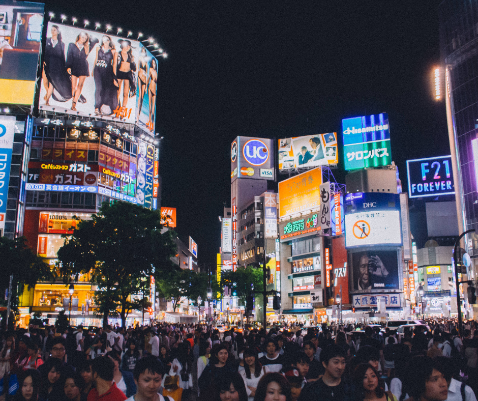Shibuya crossing at night in Tokyo